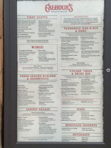Calhoun's menu